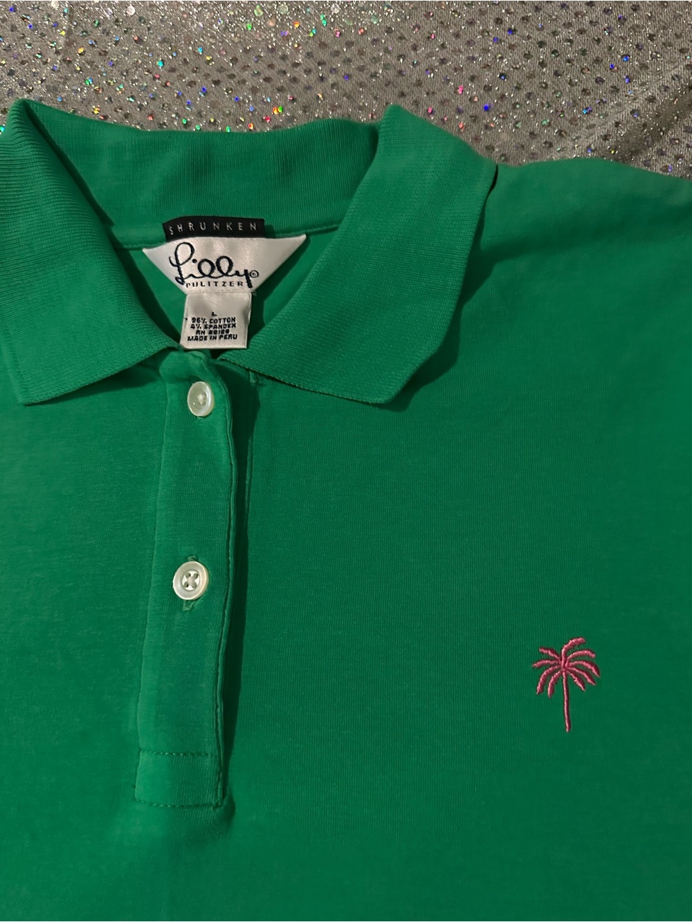 Lilly Pulitzer Green shrunken Polo with Pink Palm tree NWOT LG - Picture 2 of 5